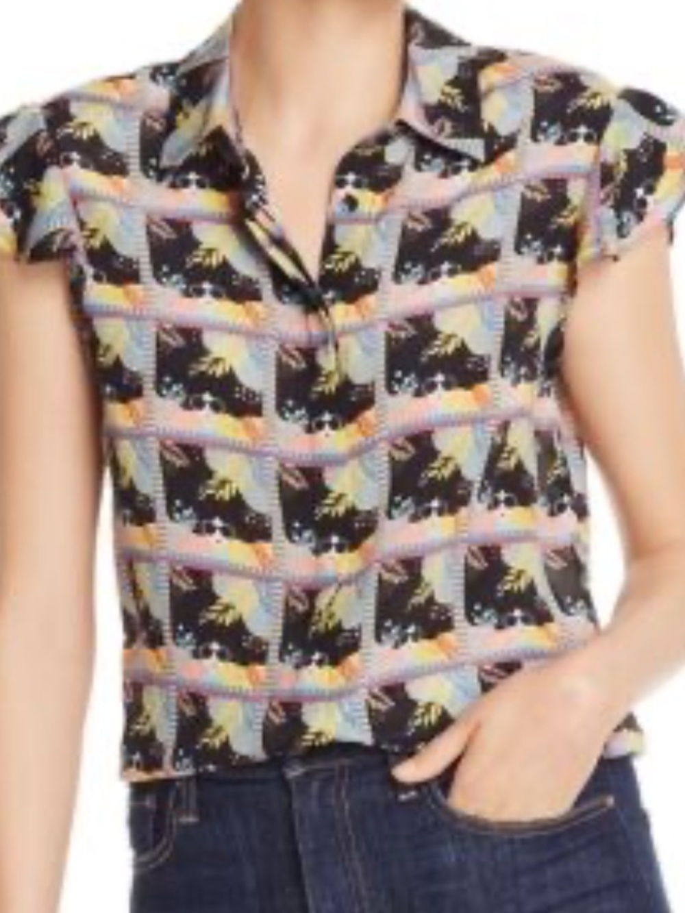 Alice + Olivia Black Multi-Color Patterned Flutter Sleeve Blouse